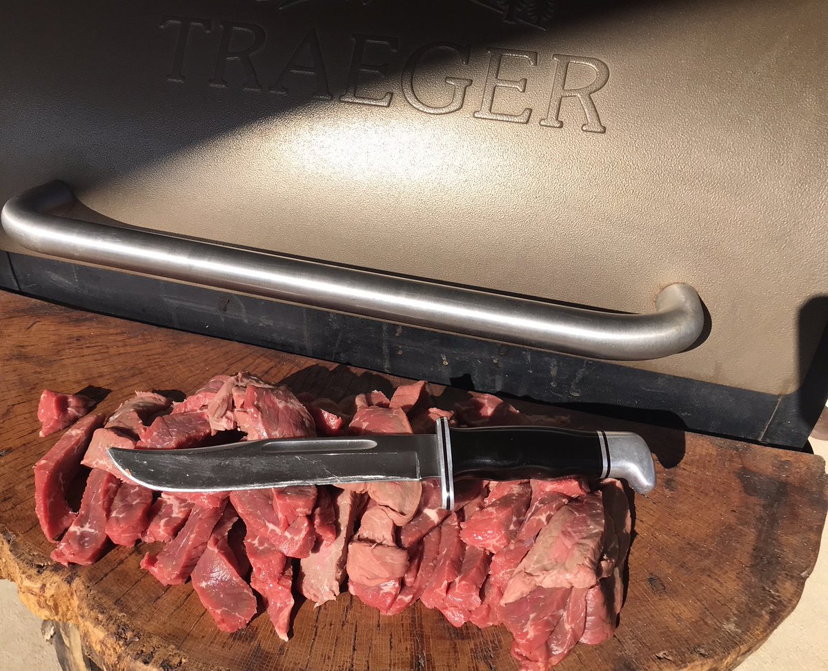 DaveToolsBlades's tweet image. Thick cut jerky on the smoker and ready for a big weekend of football.  Prep was even more enjoyable using an old, vintage Buck 120.  #traeger #buckknife #bbq #outdoorcooking