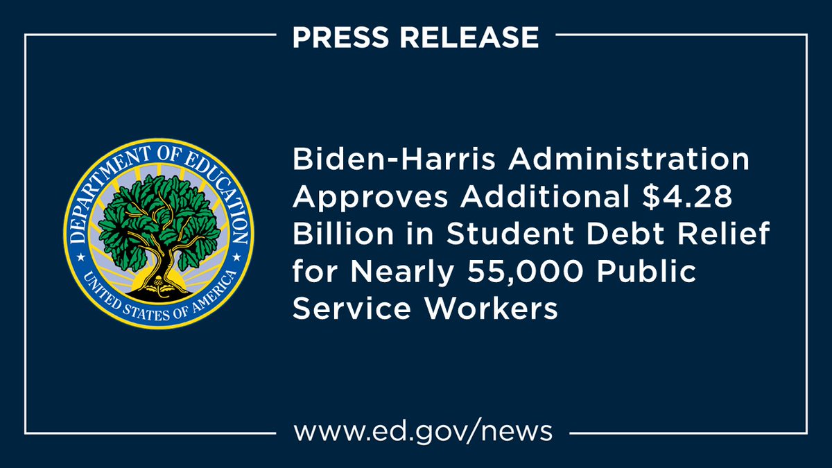 Today, the Biden-Harris Administration announced $4.28 billion in additional student loan relief for 54,900 borrowers who work in public service – part of significant fixes to the Public Service Loan Forgiveness (PSLF) Program: ed.gov/about/news/pre…
