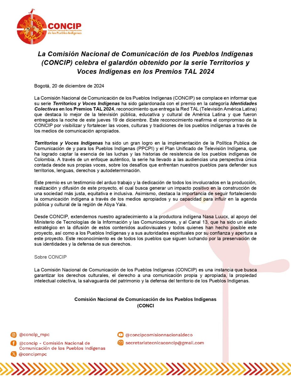 #Comunicado | 🏆 ¡Gran noticia para la CONCIP y los Pueblos Indígenas! 🏆
Nuestra serie Territorios y Voces Indígenas ha sido reconocida por su valiosa contribución a la preservación y promoción de las culturas de los Pueblos Indígenas en los #PremiosTAL2024 
#SomosCONCIP