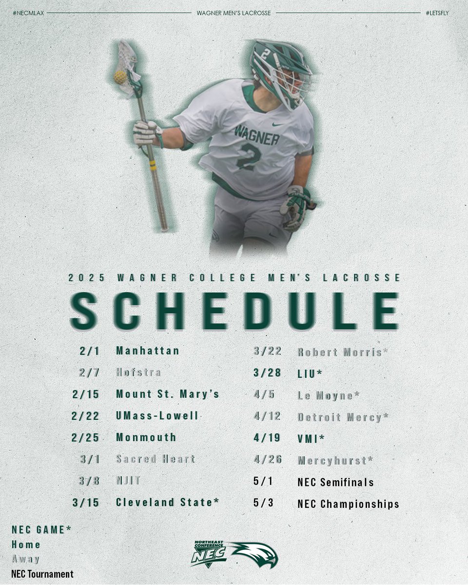 WagnerLacrosse's tweet photo. Mark your calendars! Our 2025 schedule is here! 🗓️ #LetsFly https://t.co/J9UjmoPzi8