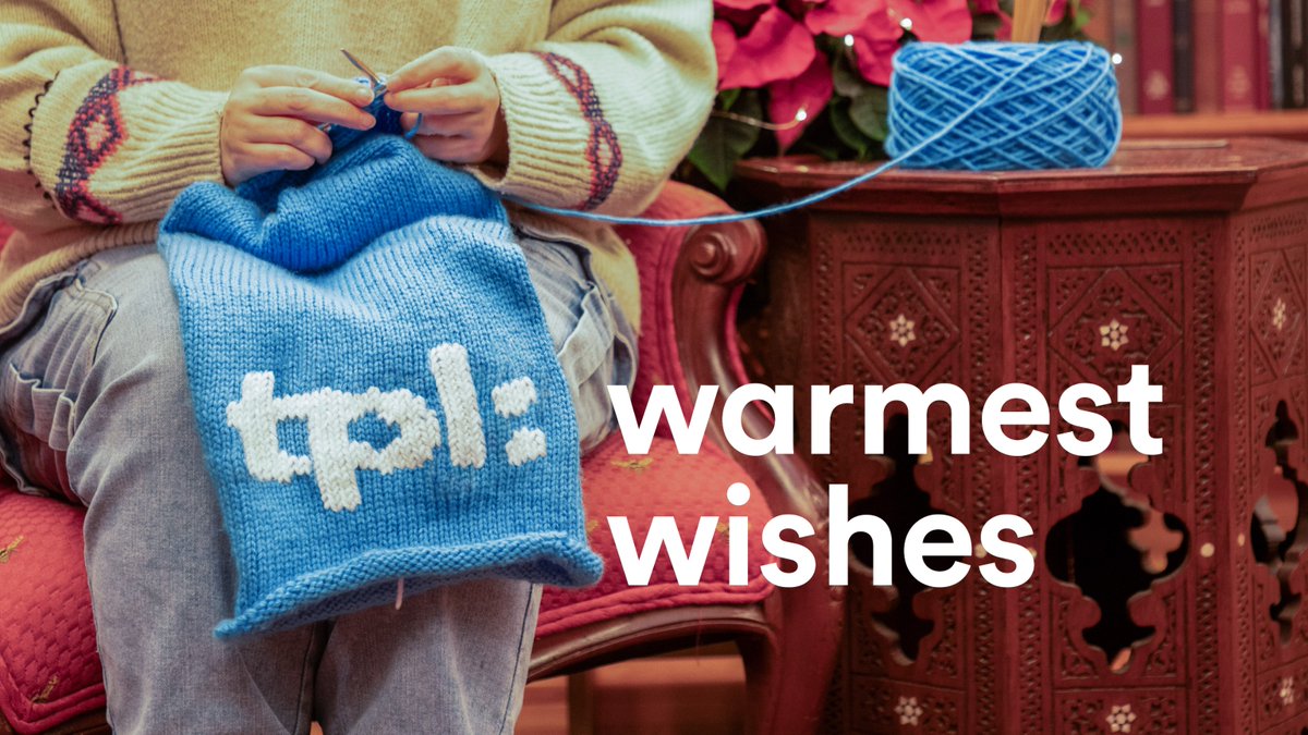 All the best for a cozy holiday season from everyone at Toronto Public Library. 💙 

This beautiful scarf was made by Christine, a librarian at Toronto Reference Library. Get our crochet and knitting patterns and make your own TPL scarf: ow.ly/5Ntz50UuYQk 🧣