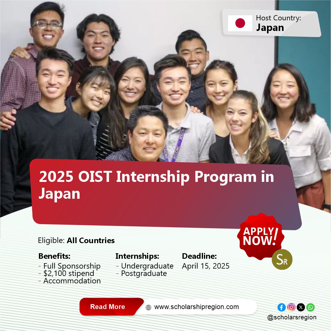 2025 OIST Internship Program in Japan

Country: Japan🇯🇵

Category: Internships
Eligible: All Countries
Duration: 2-6 months
Benefits:
✅Full Sponsorship
✅$2,100 Stipend
✅Accommodation

Deadline: April 15, 2025

APPLY↙️
scholarshipregion.com/oist-internshi…
