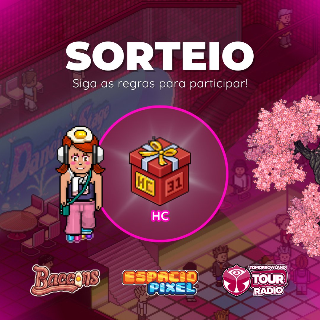 Você gosta de um festival de música? Então você não pode ficar de fora do Tomorrowland Habbo!

🪩 Sorteio de 1 caixa de HC 🪩

Regras:

🪩 Seguir: <a href="/BacconsBR/">Baccons</a> <a href="/EspacioPixelHB/">EspacioPixel</a> <a href="/tomorrowhbb/">TOMORROW</a> 
🪩 Curtir e dar RT
🪩 Marcar 3 amigos

Apenas 1 vencedor

Resultado no dia 23/12
#Habbo