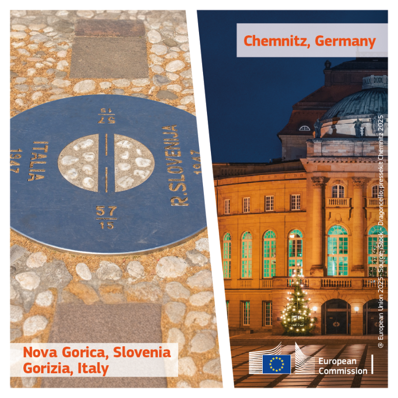 europe_creative's tweet photo. With a new year comes fresh news!
Discover the European Capitals of Culture 2025... 🥁
Chemnitz 🇩🇪 &amp; Nova Gorica 🇸🇮 will showcase rich heritage, bold art, and unique cultural events all year long.
 
Watch culture break barriers!