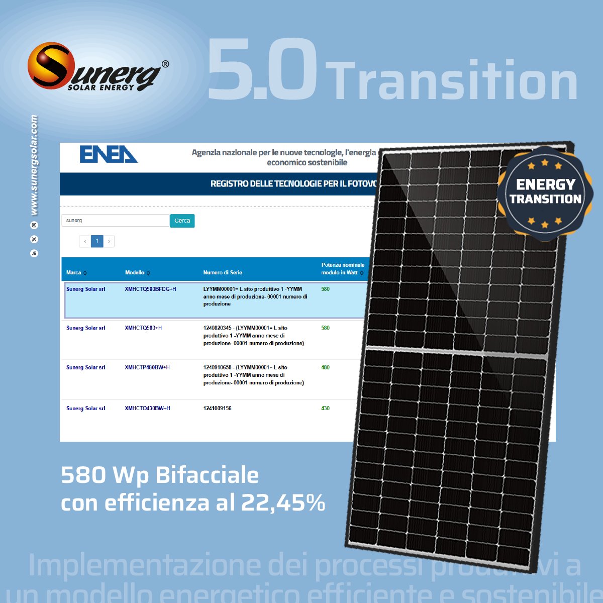 Sunerg_Solar's tweet photo. Sunerg rientra con un nuovo modello nel #registroENEA, il Modulo Bifacciale da 580Wp idoneo al piano #Transizione5.0.

Cosa aspetti? 
Affidati a #SUNERG per usufruire delle agevolazioni previste dalla misura del #PNRR ed inizia ad investire sulle #energierinnovabili. https://t.co/cKjK75dy8n