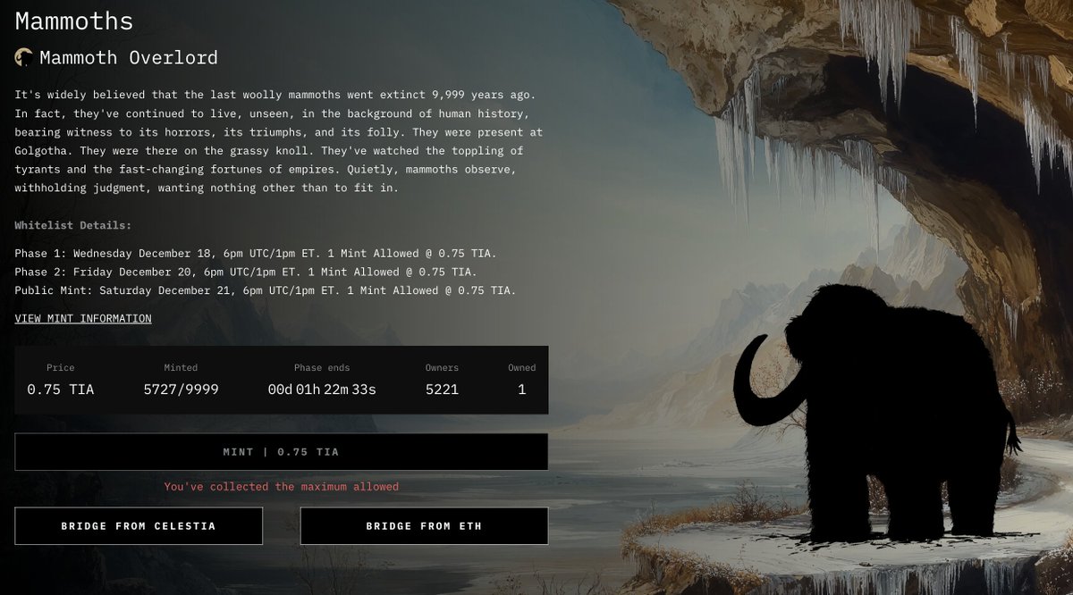 Eagledrop69's tweet photo. An Update on LMammoth 🦣🦅

- A total of 5,727 (57%) out of 9,999 Mammoths have been minted in Phase 1. 
- Only 4,284 Mammoths remain
- @ericwall, one of the earliest investors in Bitcoin and Celestia, has bought a Mammoth (possibly more).
- @nickwh8te LNick has changed his background picture to LMammoth 🦣
- Most of the Celestine Sloth 🦥 members have minted a Mammoth 🦥🫶🦣

-Phase 2 about to start in 1 hour (Be Prepared Eagledrop Dao fam 🦅 and do a quickie) 
Eligibility: 
Holders of 2-4 Modularium Collections

Mint Page: https://t.co/OoEzSa3J7Y

Marketplace: https://t.co/i9m2IFWgop

The floor price is currently at 78 TIA. If you’re eligible and quick, you can mint for just 0.75 TIA. Highlight is a poorly designed NFT marketplace and can be quite buggy, so it’s better to wait until everything is minted out and pick one up at a more reasonable price.

I haven’t sold my Sloth, and I’m not planning to sell my Mammoth either—LM & LMammoth. Diamond hands until 2030. Sloths are the Bitcoin of the Celestia ecosystem, while Mammoths are $HYPE. 

HYPE is the most decentralized crypto after Bitcoin (for context).

eagledrop 🦅🫶🦥🦣