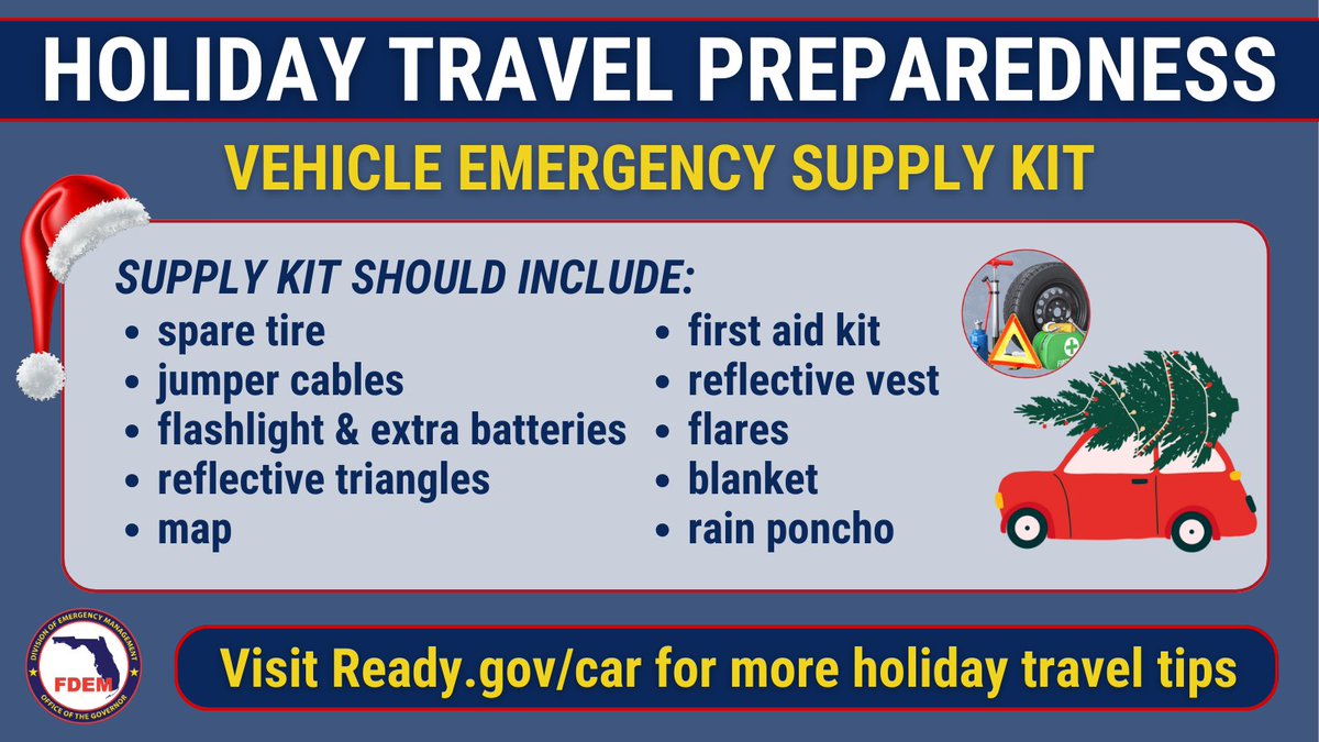 🚙 Leaving town for the holidays?

Before getting on the road, be sure to pack a vehicle emergency supply kit in case you have trouble along the way! 

➡️ For more tips visit Ready.gov/car