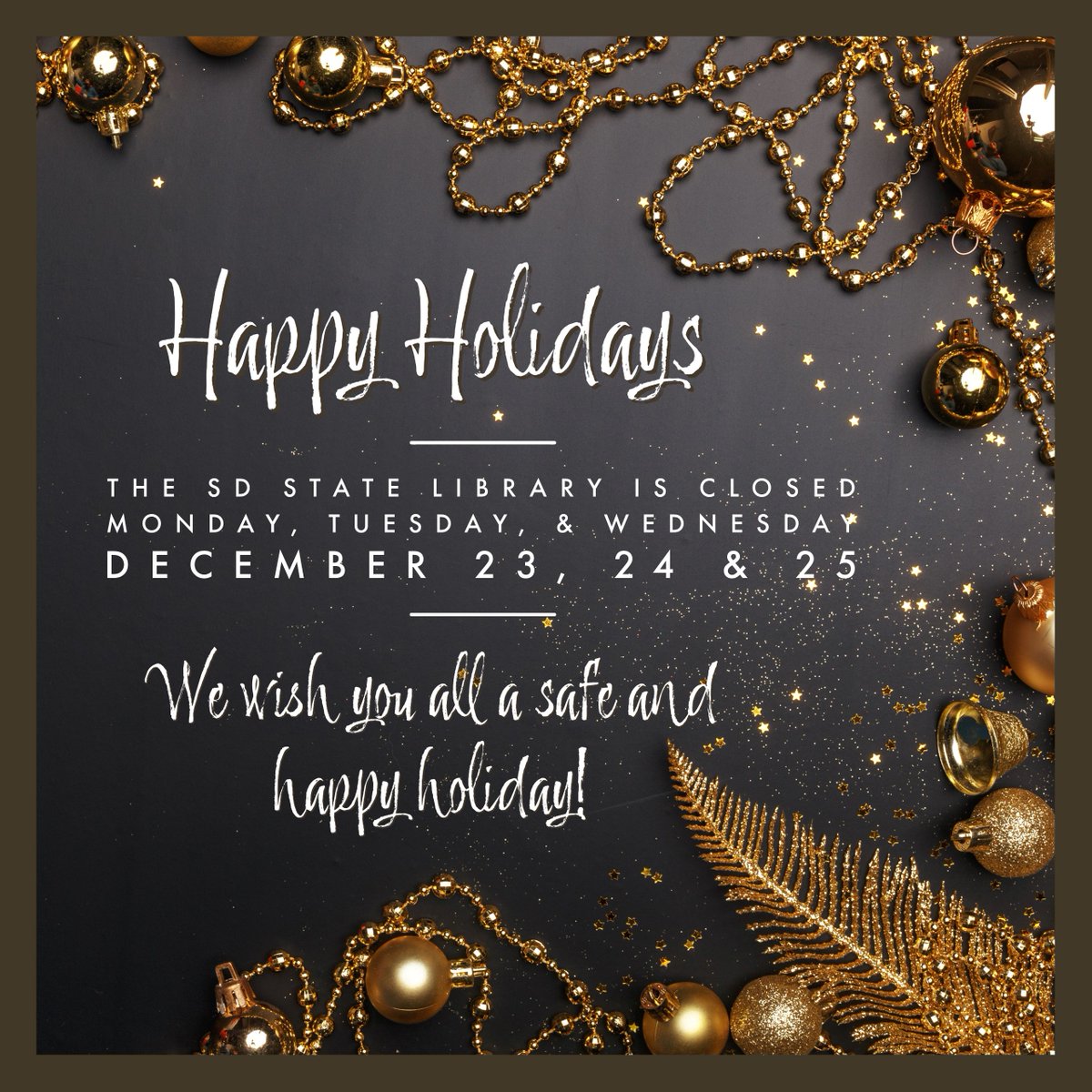 South Dakota State Library (@librarysd) on Twitter photo The State Library is closed Monday, Tuesday, Wednesday December 23-25. We wish you all a safe and happy holiday!  #Christmas2024 #ReadABook #holidayseason The State Library is closed Monday, Tuesday, Wednesday December 23-25. We wish you all a safe and happy holiday!  #Christmas2024 #ReadABook #holidayseason