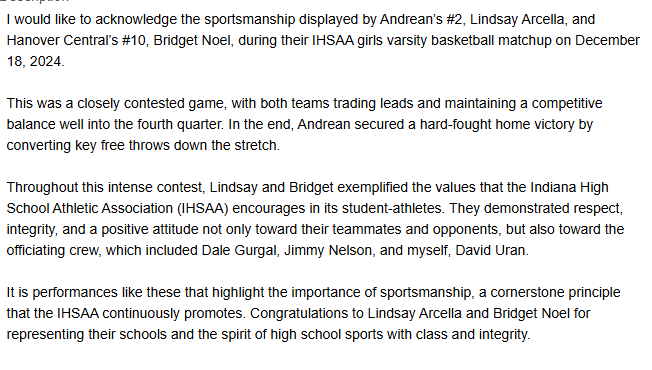 Andrean 59ers (@andrean59ers) on Twitter photo HUGE shoutout to <a href="/Andrean59erGBB/">Andrean Girl's Hoops</a> player Lindsay Arcella for receiving an Exemplary Behavior Report from official David Uran for Wednesday's game against Hanover Central! Check out the screenshot to see why Lindsday received this honor - congrats Lindsay!!! HUGE shoutout to <a href="/Andrean59erGBB/">Andrean Girl's Hoops</a> player Lindsay Arcella for receiving an Exemplary Behavior Report from official David Uran for Wednesday's game against Hanover Central! Check out the screenshot to see why Lindsday received this honor - congrats Lindsay!!!
