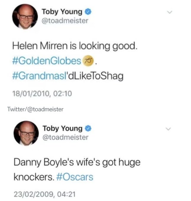 OperaSocialist's tweet photo. Is the misogynistic, conspiracy theory thicko Toby Young seriously going to be in the House of Lords?

@toadmeister @KemiBadenoch https://t.co/yi84OBTZWJ