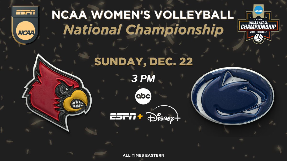 ESPNPR's tweet photo. The stage is set for Sunday's 2024 @NCAAVolleyball Championship!

🏐 @LouisvilleVB vs @PennStateVBALL
🏆 3p ET | ABC, ESPN+, Disney+

🎙️ @sportney_lyle, @hmcpeak1, @Katie_George05, @madsfitzpat
🎙️ Studio coverage: @itsthebaldgirl, @emilyehman

#NCAAWVB https://t.co/BHhjNpUK1e