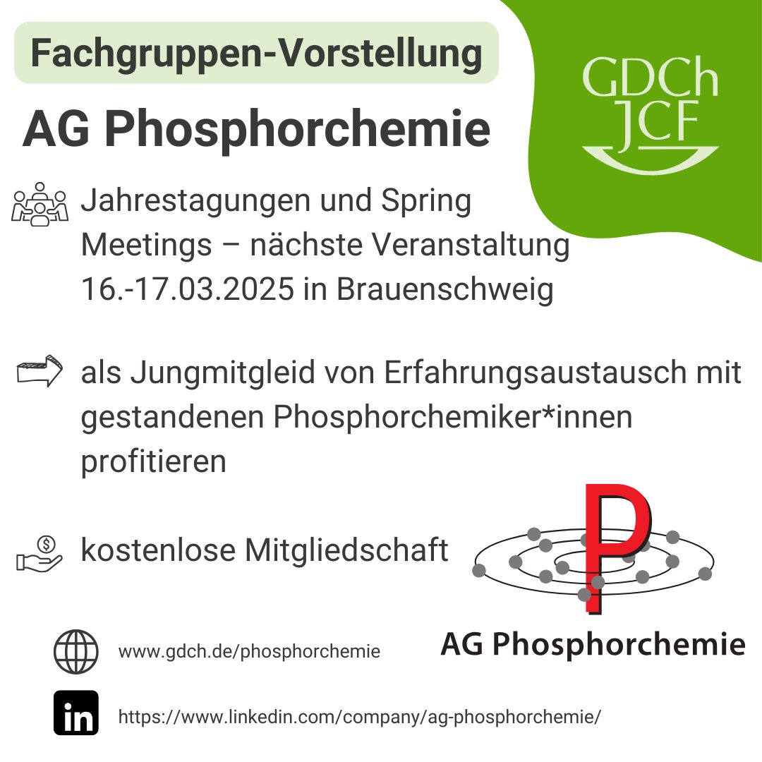 🔬 Bei dem heutigen #FachgruppenFriday stellen wir euch die Arbeitsgemeinschaft Phosphorchemie vor!
Die 2019 gegründete AG Phosphorchemie bringt Wissenschaftler*innen zusammen, die sich für die gesamte Bandbreite der Phosphorchemie  begeistern.
#Phosphorchemie #Netzwerken