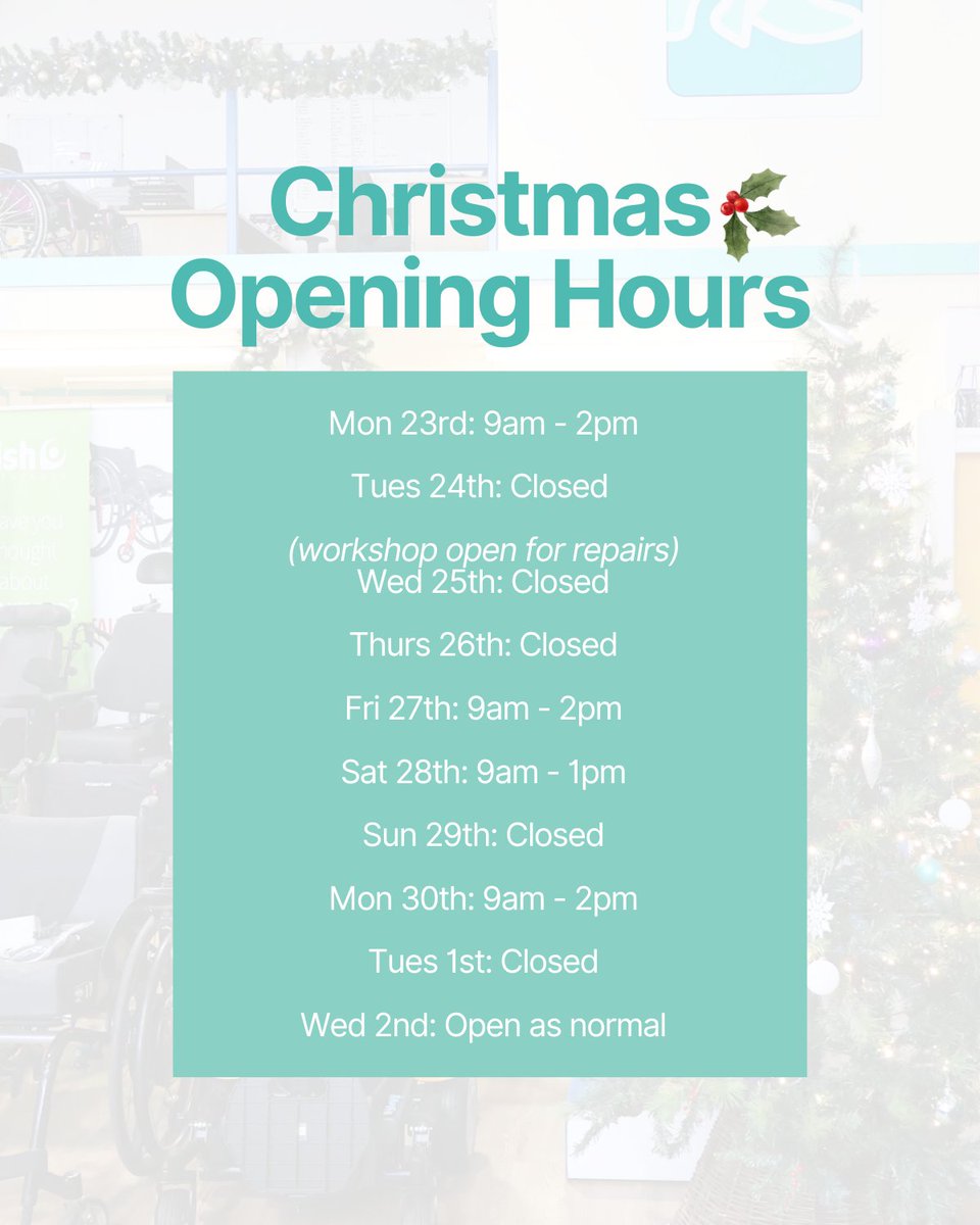 Rksot's tweet photo. Are you planning a visit to RKS over the festive period? Here's a reminder of our updated Christmas hours! 🎄 

#OccupationalTherapist #Therapy #Rehabilitation #Motability #MotabilityScheme https://t.co/DQ8Id4LeBC