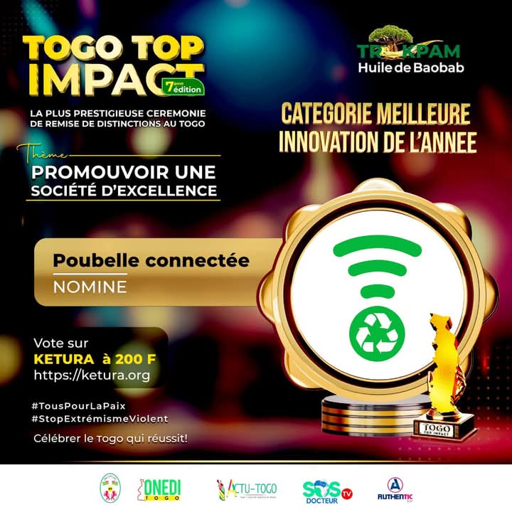 Heureux d’annoncer notre nomination dans la catégorie #MeilleurInnovation de l'année au <a href="/TogoTopImpact/">Togo Top Impact</a> 2024. Notre mission, transformer les déchets plastiques en opportunités durables ...

✔️ Votez pour nous ici 👉 bit.ly/VotezLaPoubell…
 
#TogoTopImpact #Rôbalôtô #Innovation