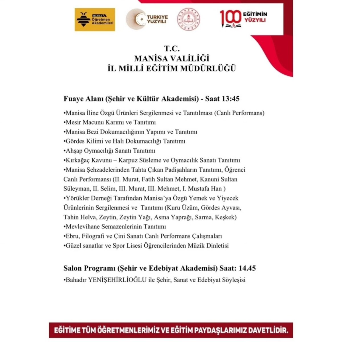 Manisa Öğretmen Akademileri Başlıyor. Şehir Kültür Akademimiz ve Edebiyat Akademimizin ortak programı olan Türkiye Yüzyılında Edebiyat, Kültür ve Şehir konulu söyleşimize maarif camiamız ve tüm maarif paydaşlarımız davetlidir.
 @yenisehirlioglu <a href="/mehmet_ugurelli/">mert</a> <a href="/SerdarDincer45/">Serdar Dinçer</a>