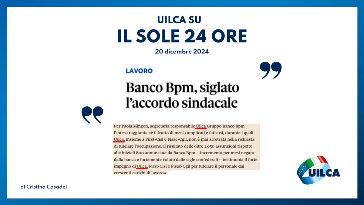 #Uilca su <a href="/sole24ore/">IlSole24ORE</a> "Banco Bpm: siglato accordo sindacale". "Le 1.050 assunzioni testimoniano l'impegno di Uilca, First e Fisac per tutelare il personale dai carichi di lavoro" spiega Paola Minzon segr. resp. Uilca Banco Bpm

✒️Cristina Casadei

Leggi qui
ilsole24ore.com/art/banco-bpm-…