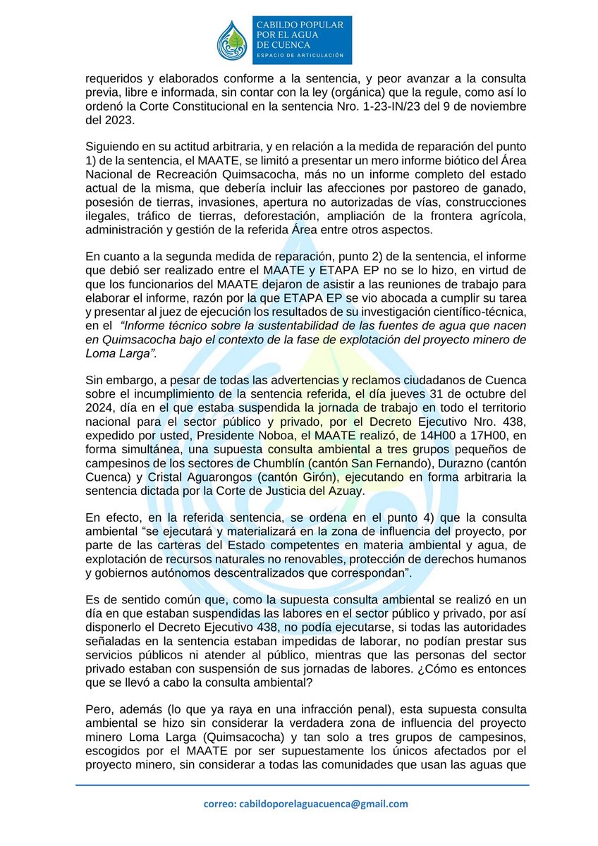 vocesazuayas's tweet photo. 📢 ¡El agua es vida, y Cuenca lo deja claro!

💧 El Cabildo Popular por el Agua alza su voz ante el presidente Daniel Noboa para defender nuestras fuentes hídricas y exigir respeto por la voluntad popular. 

¡No a la minería en Quimsacocha! 🚫

⚒️ Súmate a esta lucha. https://t.co/AViuXYJLxG