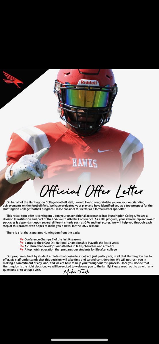 Garrett Price🏈🎲 (@gprice09) on Twitter photo After a great conversation with <a href="/CoachDornHC/">Karl Dorn</a> I am blessed to receive an offer from Huntingdon College
<a href="/IHSmustangsftbl/">Isabella Football</a> <a href="/Bama_2A/">Bama 2A</a> <a href="/coachlmims/">Landon Mims</a> After a great conversation with <a href="/CoachDornHC/">Karl Dorn</a> I am blessed to receive an offer from Huntingdon College
<a href="/IHSmustangsftbl/">Isabella Football</a> <a href="/Bama_2A/">Bama 2A</a> <a href="/coachlmims/">Landon Mims</a>