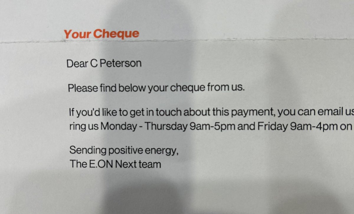 SandRat40's tweet photo. @eonenergyuk a cheque? That’s all very nice and 20th century but a cheque!?! Neither of the internet banks (you’ve heard of the internet?) make paying in cheques easy! https://t.co/ruQlC74LBL