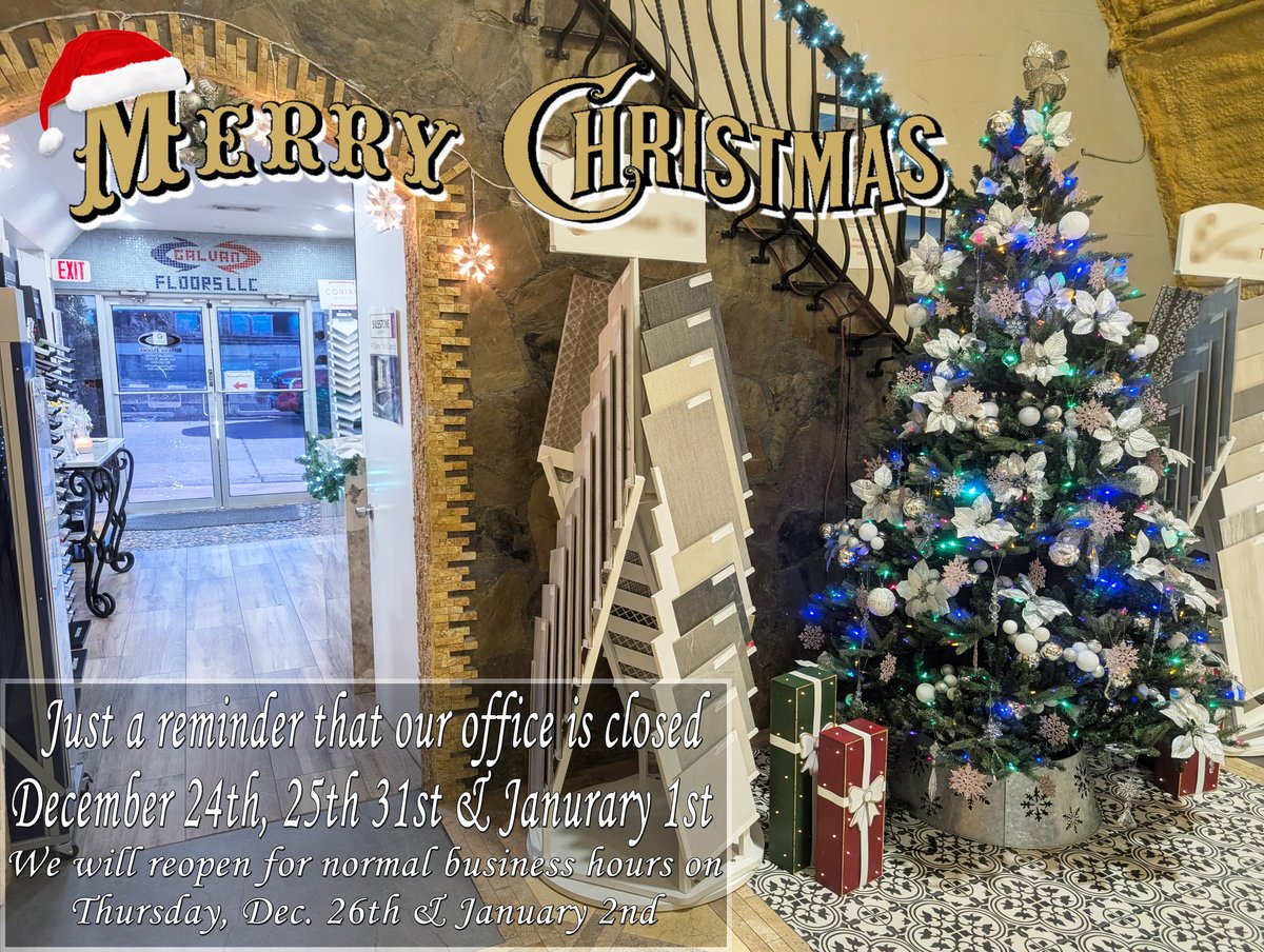 GalvanFloors's tweet photo. From your friends here at Galvan Floors, We wish those you a Merry Christmas and Happy Holidays.

In honor of the upcoming holidays, Galvan Floors will be closed from December 24th, 25th, 31st &amp; Jan 1st

Normal Business hours will resume on December 26th &amp; January 2nd. https://t.co/HFSXWSi6fl