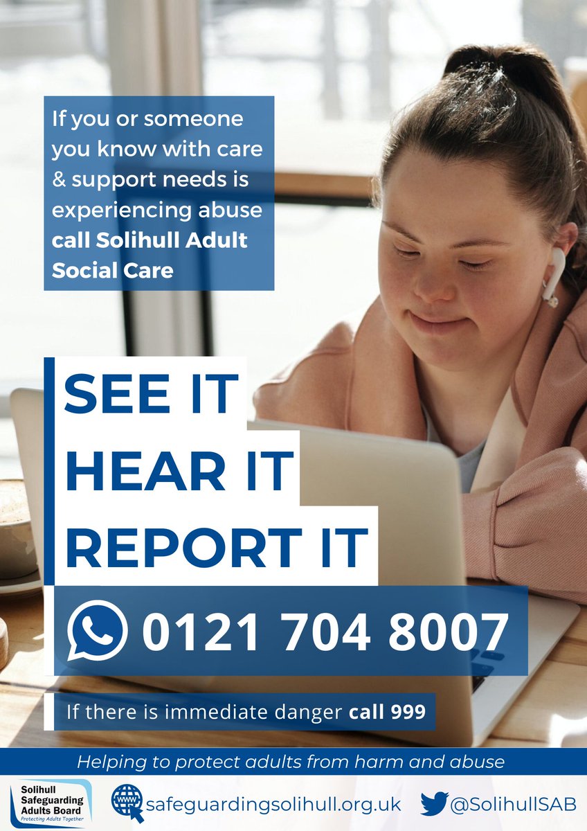 Solihull Safeguarding Adults Board (@solihullsab) on Twitter photo Adult Abuse
See It
Hear It
Report It
🚫If you have any concerns an adult is being abused please report it
📞Call <a href="/SolihullCouncil/">Solihull Council</a> Adult Social Care on 0121 704 8007 or visit solihull.gov.uk/adultabuse
🚨If they are in immediate danger call <a href="/SolihullPolice/">Solihull Police</a> on 999 Adult Abuse
See It
Hear It
Report It
🚫If you have any concerns an adult is being abused please report it
📞Call <a href="/SolihullCouncil/">Solihull Council</a> Adult Social Care on 0121 704 8007 or visit solihull.gov.uk/adultabuse
🚨If they are in immediate danger call <a href="/SolihullPolice/">Solihull Police</a> on 999