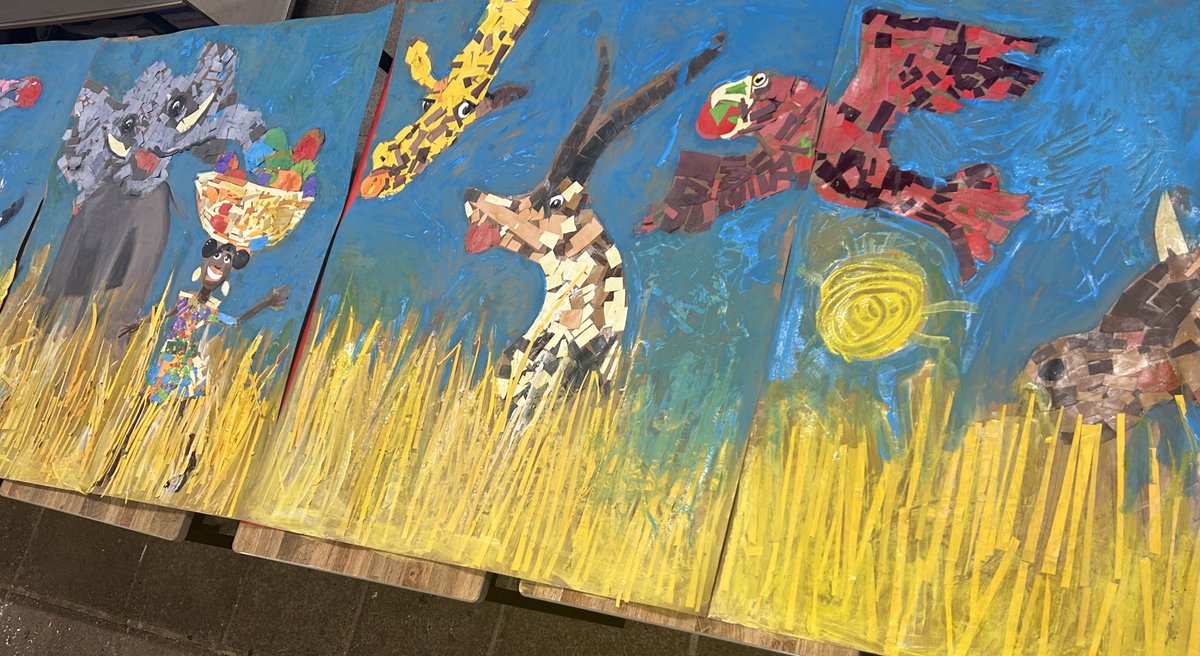 DarrellWakelam's tweet photo. So, today has been my second day over at Preston Primary in Yeovil, where all 60 of the reception children have helped to create this huge artwork based on the story "Handa's Surprise" by Eileen Brown. I helped draw some of the outlines but the kids have done the rest. 😮😁👍 https://t.co/YBZJMziQYh