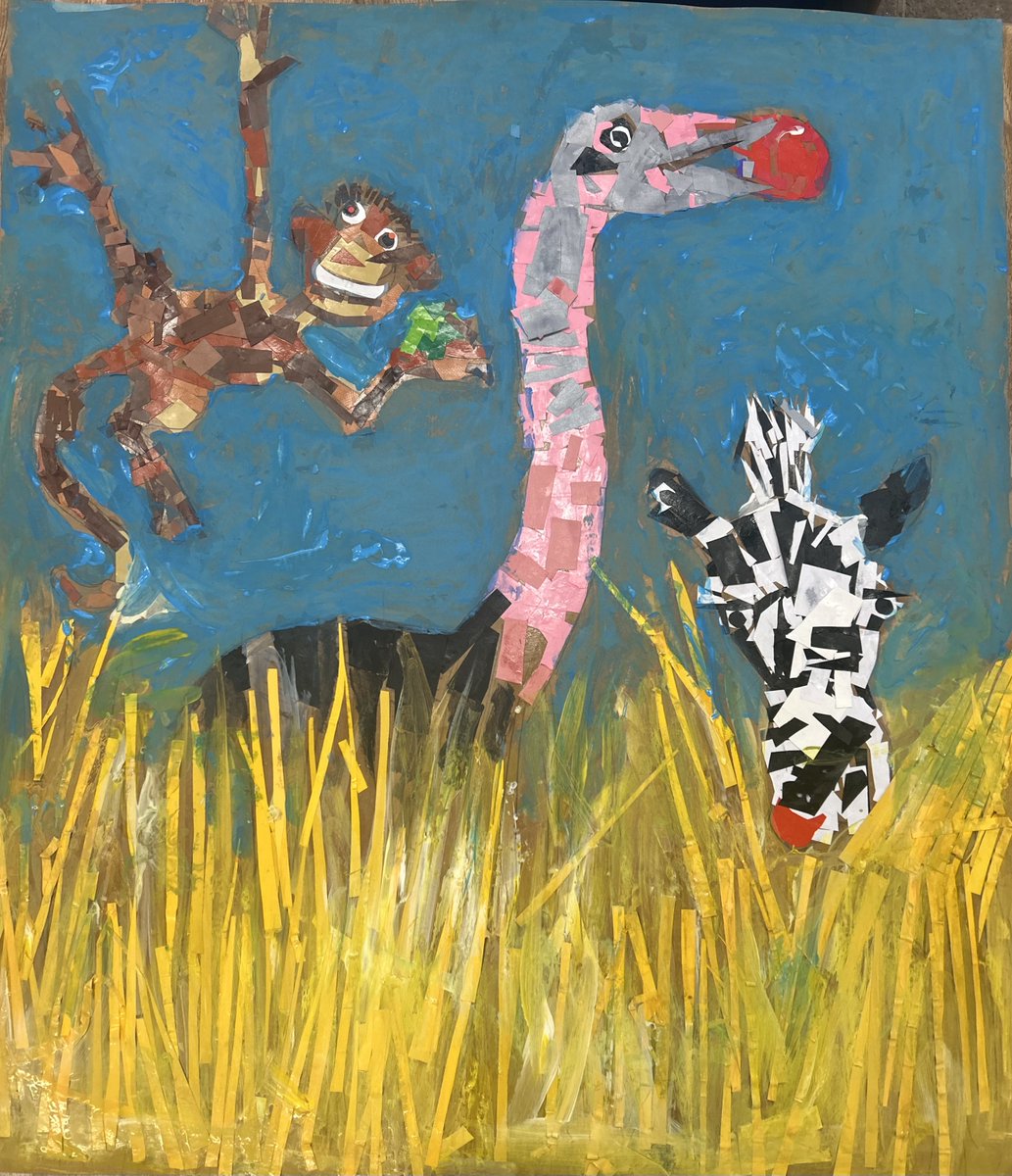 DarrellWakelam's tweet photo. So, today has been my second day over at Preston Primary in Yeovil, where all 60 of the reception children have helped to create this huge artwork based on the story "Handa's Surprise" by Eileen Brown. I helped draw some of the outlines but the kids have done the rest. 😮😁👍 https://t.co/YBZJMziQYh