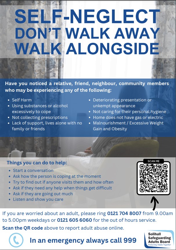 🚨NEW Self-Neglect Poster🚨

Don't walk away. Walk alongside.

If you are worried about an adult📞0121 704 8007

Available on our website
➡️safeguardingsolihull.org.uk/ssab/what-is-a…