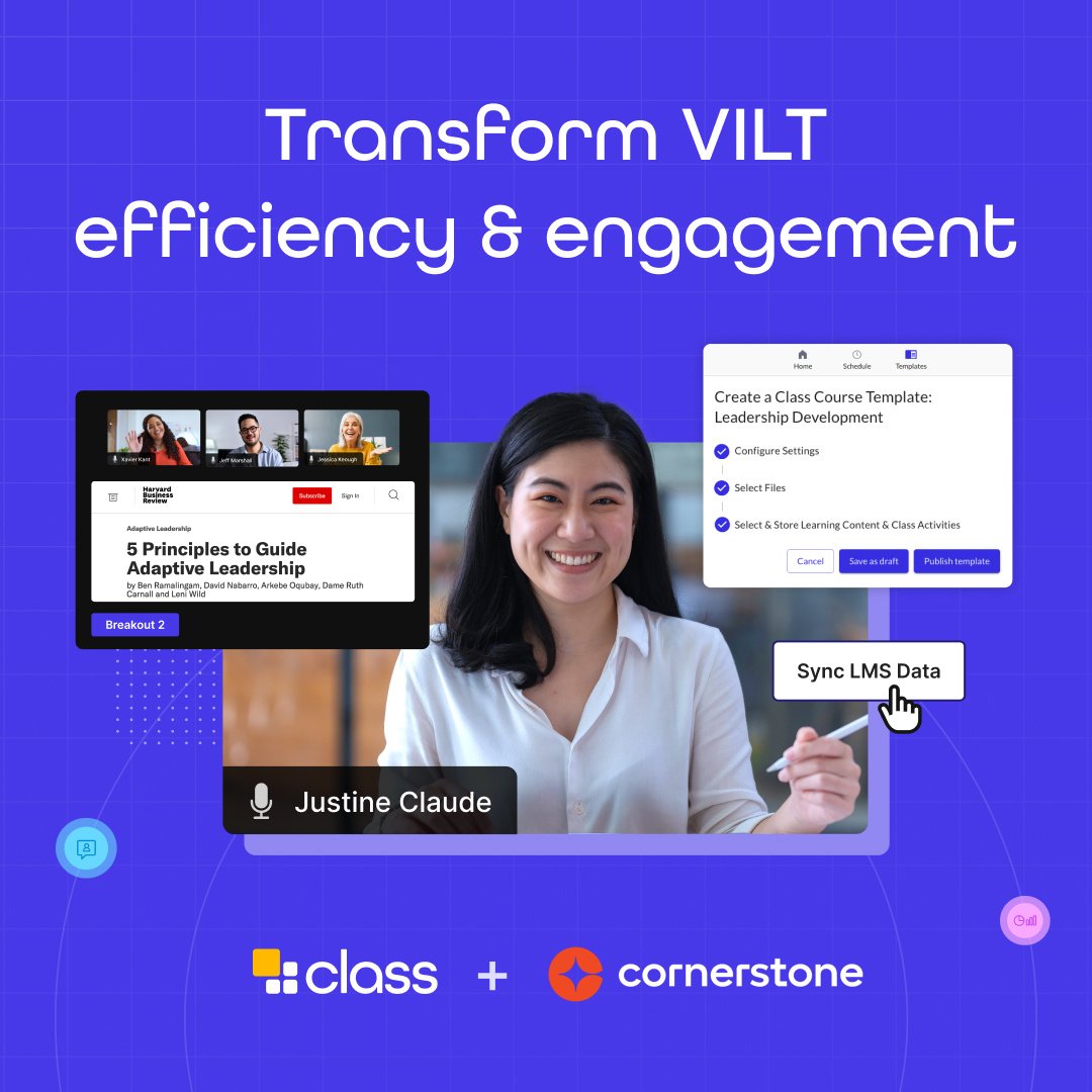 Class (@weareclasstech) on Twitter photo We're excited to announce our new partnership and integration with <a href="/CornerstoneInc/">Cornerstone OnDemand</a> to improve virtual instructor-led training (VILT) and support the needs of the modern workforce. Learn more here 👉 hubs.ly/Q030mhBj0
#CornerstoneOnDemand #FutureOfWork #Partnerships We're excited to announce our new partnership and integration with <a href="/CornerstoneInc/">Cornerstone OnDemand</a> to improve virtual instructor-led training (VILT) and support the needs of the modern workforce. Learn more here 👉 hubs.ly/Q030mhBj0
#CornerstoneOnDemand #FutureOfWork #Partnerships