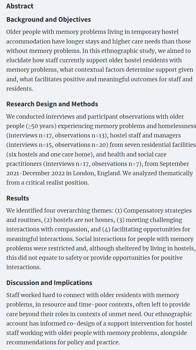 The HOME Study (@home_ucl) on Twitter photo 📢 We're excited to share our new ethnographic study on supporting older people experiencing homelessness and memory problems in hostels.
<a href="/rapaport_penny/">Penny Rapaport</a> <a href="/Gill_Livingston/">Gill Livingston</a> <a href="/JillManthorpe/">Jill Manthorpe</a> <a href="/carolineshulman/">Caroline Shulman</a> <a href="/Garrettkidd_/">Garrett Kidd</a> <a href="/Ava_Mason_1/">Ava Mason </a> <a href="/Knappem/">Martin Knapp</a> & Sophie Gaber
academic.oup.com/gerontologist/… 📢 We're excited to share our new ethnographic study on supporting older people experiencing homelessness and memory problems in hostels.
<a href="/rapaport_penny/">Penny Rapaport</a> <a href="/Gill_Livingston/">Gill Livingston</a> <a href="/JillManthorpe/">Jill Manthorpe</a> <a href="/carolineshulman/">Caroline Shulman</a> <a href="/Garrettkidd_/">Garrett Kidd</a> <a href="/Ava_Mason_1/">Ava Mason </a> <a href="/Knappem/">Martin Knapp</a> & Sophie Gaber
academic.oup.com/gerontologist/…