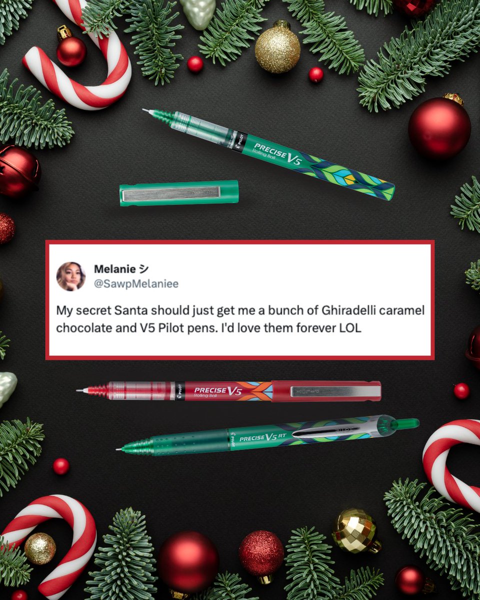 PilotPenUSA's tweet image. Secret Santa goals: chocolate and Pilot pens. Because the best gifts are sweet and smooth. 🎅🏻🍫🖊️#Precise #powertothepen #penlover
