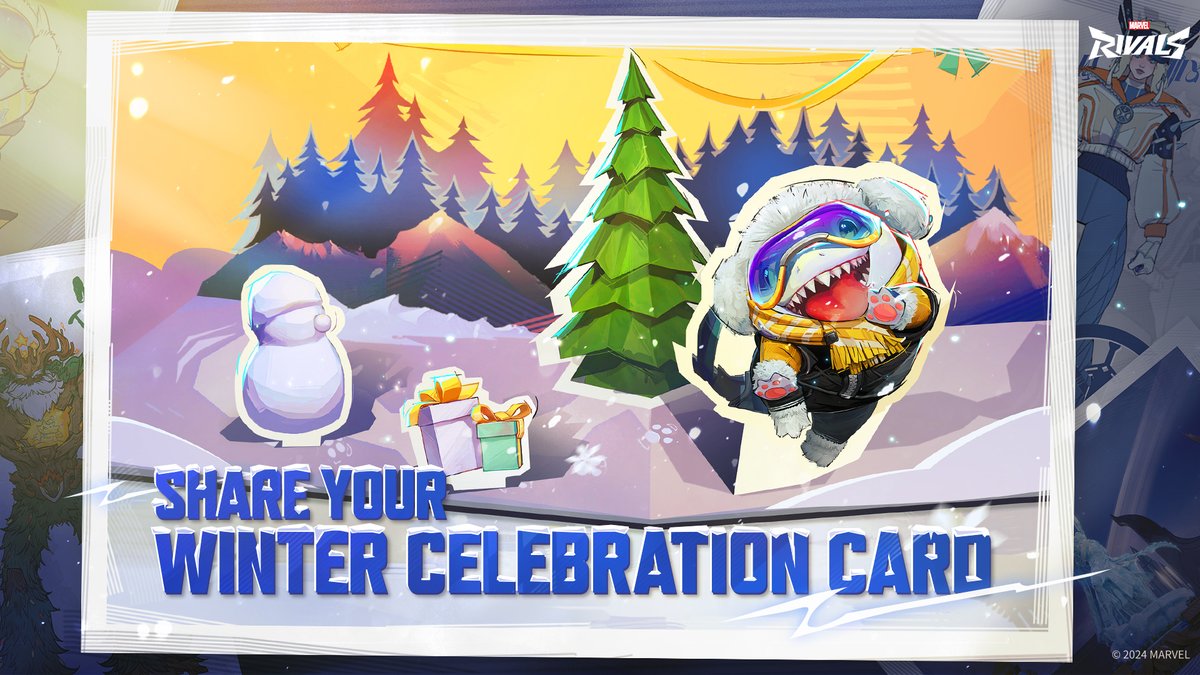 MarvelRivals's tweet photo. 💌 Embrace the holiday festivities by creating your own Holiday Seasons greeting card featuring the one and only Jeff!
 
Customize your own season's greetings card filling it with lights, presents, and wonder to capture the coziness and essence of the holiday season.
 
Share your greeting cards with us using the #MarvelRivalsWinterGreetingCard hashtag for a chance to win a special magnet! We'll be selecting 10 lucky winners on January 3rd, 2025 and winners will be announced on January 4th, 2025.

Please note that winners have 15 working days to claim the prizes, so make sure to keep an eye on your inbox!

Good luck and Happy Holidays, Rivals! 🎊
 
#MarvelRivals