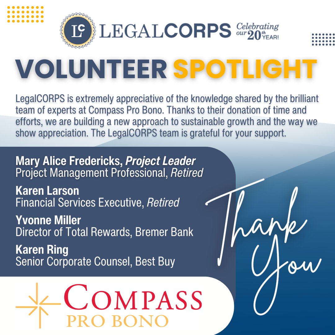 LegalCORPS is extremely appreciative of the knowledge shared by the brilliant team of experts at @Compassprobono  ~ Thanks to their donation of time and efforts, we are building a new approach to sustainable growth and the way we show appreciation. We are grateful for you!