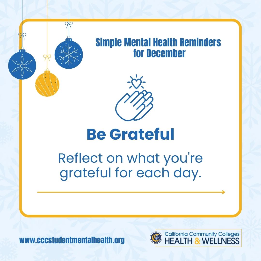 ccchealthwell's tweet photo. Reminder: Your mental health is key to success in school. Here are some simple mental health tips for December to support you through your journey in school and during winter break.

Learn more about maintaining mental well-being at https://t.co/vjg0GMhr6c. https://t.co/v63WjOtj72