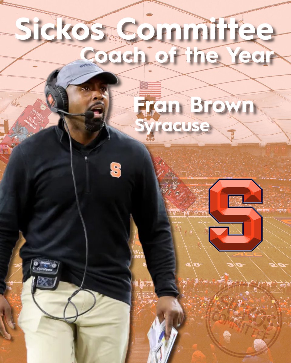 Sickos Committee (@sickoscommittee) on Twitter photo Presenting our 2nd Committee Coach of the Year Award.
We try to highlight coaches who didn’t win any Major awards & we felt like they deserved some praise.
Congrats to <a href="/CuseFootball/">Syracuse Football</a> Head Coach Fran Brown - Committee Coach of the Year for 2024!
Winners get Washed! 🧼 Presenting our 2nd Committee Coach of the Year Award.
We try to highlight coaches who didn’t win any Major awards & we felt like they deserved some praise.
Congrats to <a href="/CuseFootball/">Syracuse Football</a> Head Coach Fran Brown - Committee Coach of the Year for 2024!
Winners get Washed! 🧼