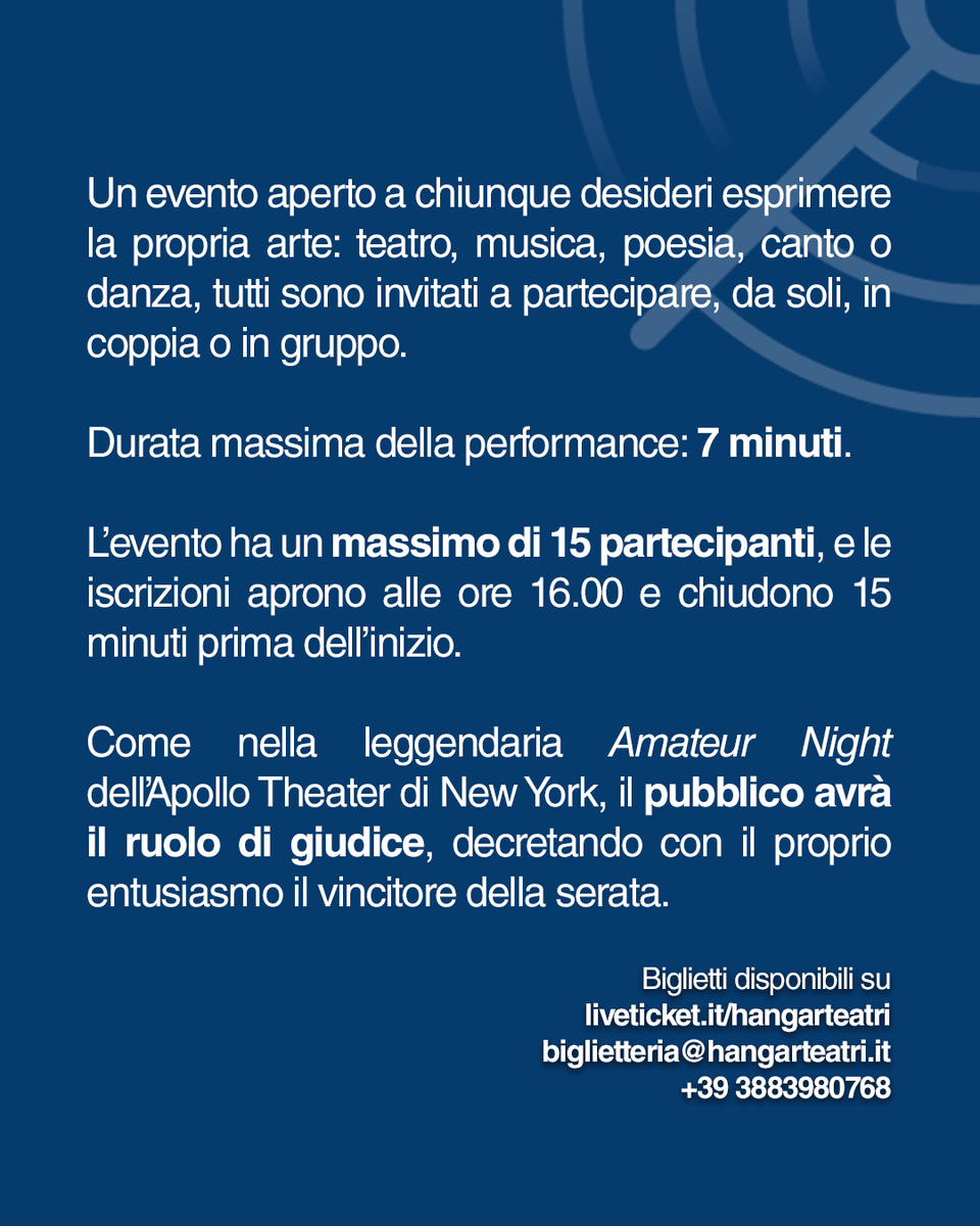 Hangar Teatri Trieste (@hteatri) on Twitter photo Come da tradizione, dopo le festivitร natalizie, il 12 gennaio ritorna uno degli eventi piรน attesi: ๐๐๐ฏ๐ถ๐น๐ฒ๐ฒ, aperto a chiunque desideri esprimere la propria arte!
๐ซliveticket.it/hangarteatri | biglietteria@hangarteatri.it | +39 3883980768 Come da tradizione, dopo le festivitร natalizie, il 12 gennaio ritorna uno degli eventi piรน attesi: ๐๐๐ฏ๐ถ๐น๐ฒ๐ฒ, aperto a chiunque desideri esprimere la propria arte!
๐ซliveticket.it/hangarteatri | biglietteria@hangarteatri.it | +39 3883980768