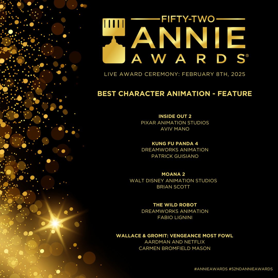 AnnieAwards's tweet image. Congratulations to the 52nd Annie Awards Nominees for Best Character Animation - Feature! 

To learn more, visit annieawards.org

#annieawards #52ndannieawards