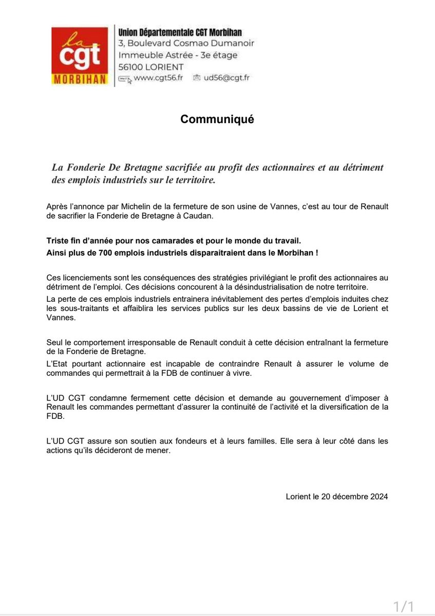 🔴 Communiqué de l’UD CGT du #Morbihan 
La Fonderie de #Bretagne sacrifiée au profit des actionnaires et au détriment des emplois industriels sur le territoire.
#CGT ✊️