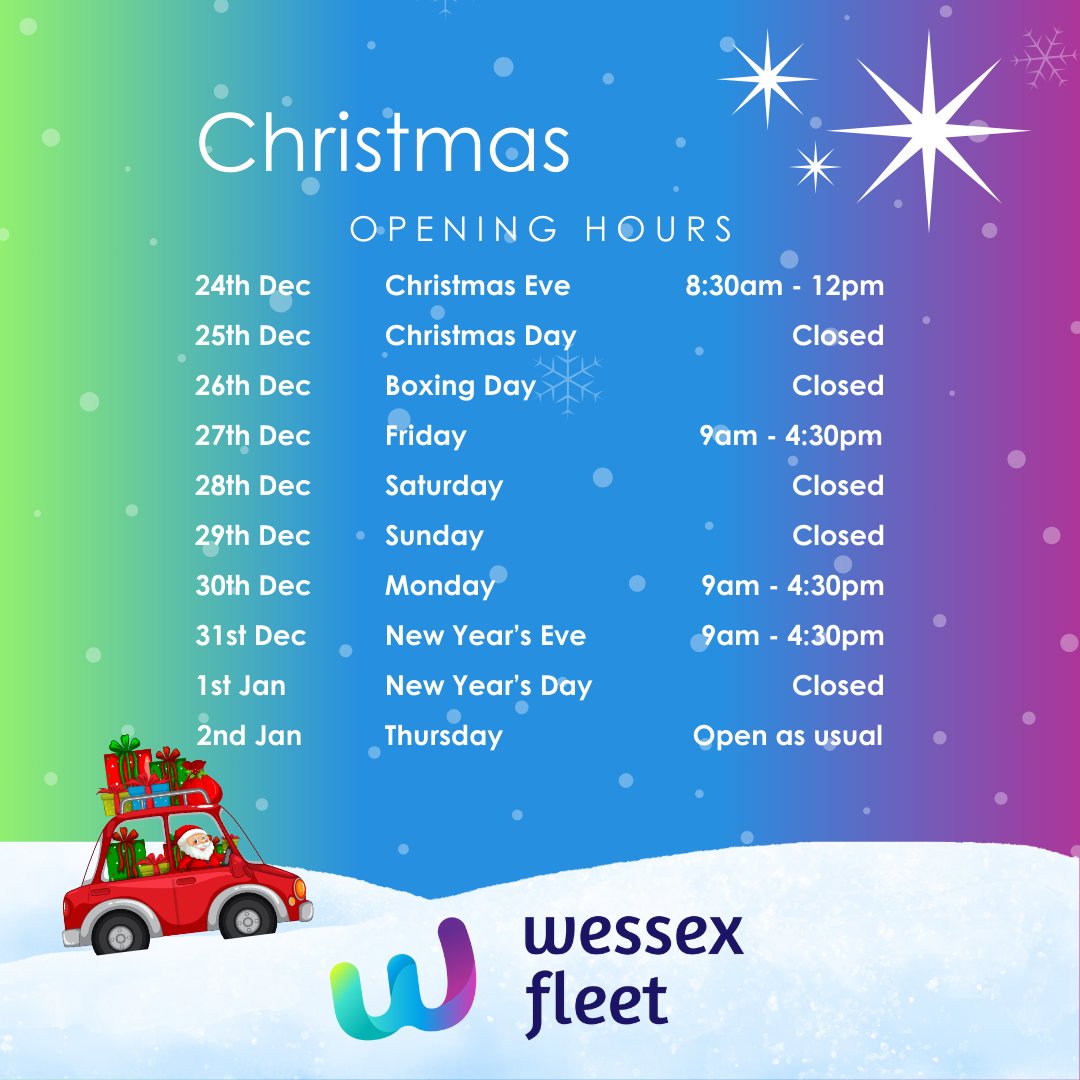 🎄Best wishes for the festive season from all at Wessex Fleet 🎉

Our 24-hour 0800 917 7402 number will be fully operational over the festive period.

✨We hope you have a peaceful and relaxing break! Here are our opening hours:

#christmas2024