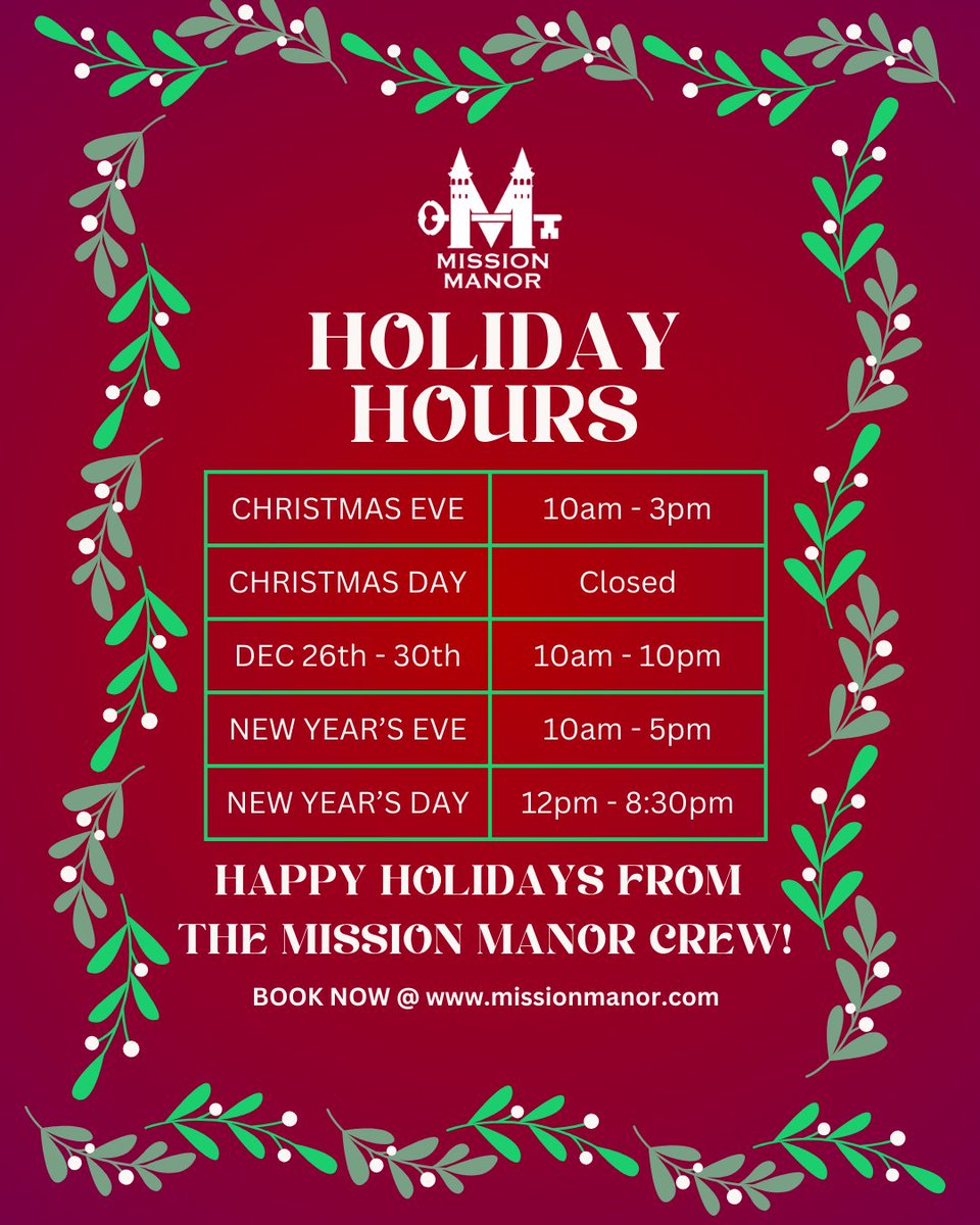 HAPPY HOLIDAYS FROM OUR FAMILY TO YOURS! Looking to stay warm AND have fun this holiday season? Here are our holidays hours!🌟

#minneapolis #minnesota #escaperoom #winterfun #missionmanorescaperooms #Twincities