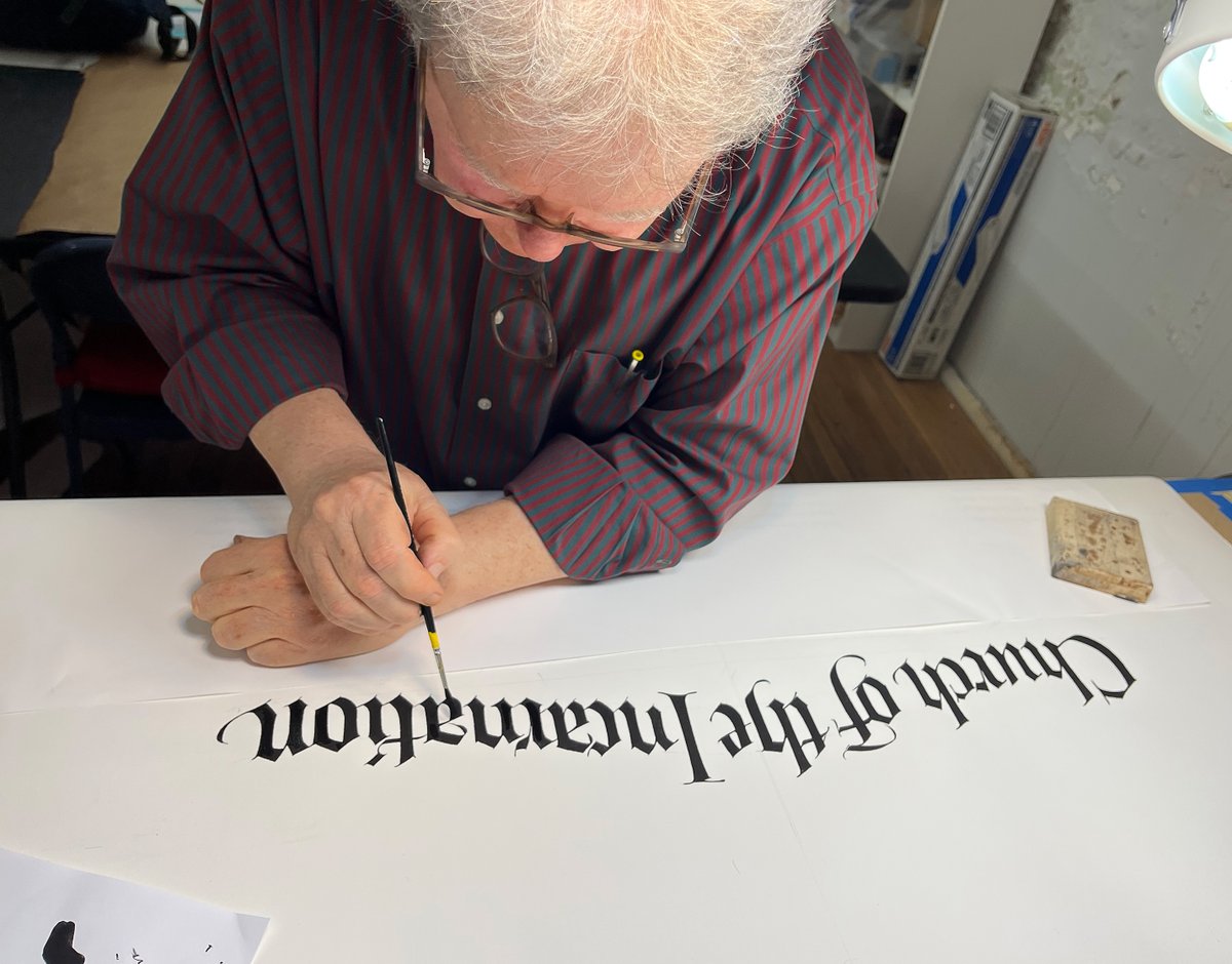 I've been working on a massive document. Cannot fit on my largest table. It is on Arches watercolor paper from a roll 50" wide. But, it is not the Arches WC we know when we buy sheets. Black Gouache and Higgins Eternal, both with gum Arabic added.
Next challenge— shipping