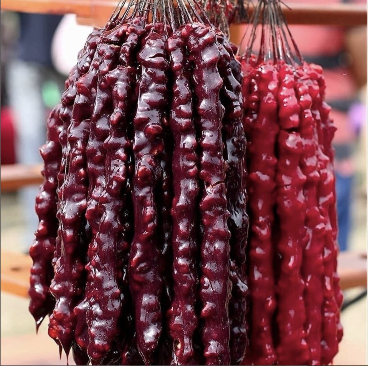 BaronDestructo's tweet image. Churchkhela?  Yes/No
"Georgians create these cylindrical candies by threading walnuts, almonds, or hazelnuts—and occasionally raisins, dried peaches, or prunes—along a string. Then, they repeatedly dip the strand in a mixture of concentrated grape juice, sugar, and flour. ⁠"
-…