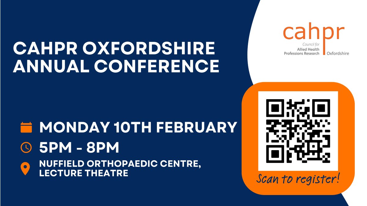 CAHPR Oxfordshire (@cahproxford) on Twitter photo Start the New Year with Research! 🎇
Get inspired at the CAHPR Oxfordshire Annual Conference. Learn how the <a href="/NIHRresearch/">National Institute for Health and Care Research</a> supports AHPs, and connect with local researchers.
🗓️ Mon 10th Feb 5pm-8pm
📍 NOC, Lecture Theatre
👉 Register: qrco.de/bfISoM Start the New Year with Research! 🎇
Get inspired at the CAHPR Oxfordshire Annual Conference. Learn how the <a href="/NIHRresearch/">National Institute for Health and Care Research</a> supports AHPs, and connect with local researchers.
🗓️ Mon 10th Feb 5pm-8pm
📍 NOC, Lecture Theatre
👉 Register: qrco.de/bfISoM
