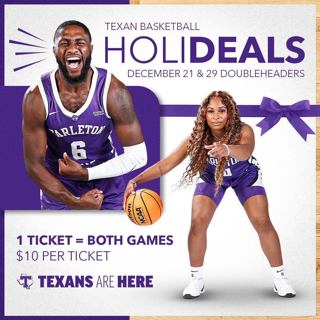 Tarleton State Athletics (@tarletonsports) on Twitter photo ‘Tis the season…Hoops Season 😏
We’re offering Holideals for the <a href="/TarletonWBB/">Tarleton State Women's Basketball</a> and <a href="/TarletonMBB/">Tarleton State Men's Basketball</a> doubleheaders at Wisdom Gym tomorrow and on Dec. 29!
Details: tinyurl.com/bdz4swa2
🎟️ tarletonsports.com/tickets ‘Tis the season…Hoops Season 😏
We’re offering Holideals for the <a href="/TarletonWBB/">Tarleton State Women's Basketball</a> and <a href="/TarletonMBB/">Tarleton State Men's Basketball</a> doubleheaders at Wisdom Gym tomorrow and on Dec. 29!
Details: tinyurl.com/bdz4swa2
🎟️ tarletonsports.com/tickets