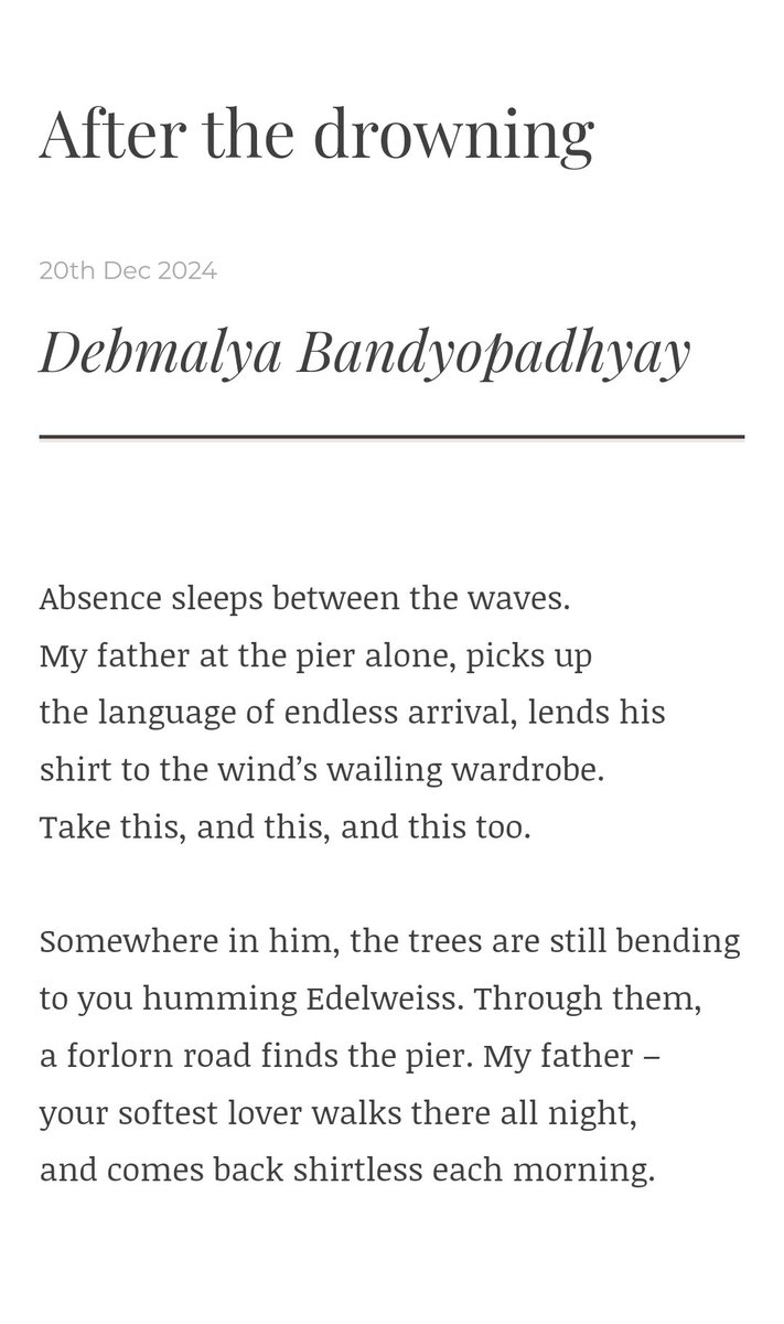 Debmalya Bandyopadhyay (@halfmoonwhiskey) on Twitter photo My poem 'After the drowning' was shortlisted for this year's Briefly Write Poetry Prize! Huge thanks to Daniel and Elinor for shortlisting it out of 1315 entries.
<a href="/BrieflyWrite/">Briefly Write (& Read & Think)</a>
brieflywrite.com/2024/12/20/bri… My poem 'After the drowning' was shortlisted for this year's Briefly Write Poetry Prize! Huge thanks to Daniel and Elinor for shortlisting it out of 1315 entries.
<a href="/BrieflyWrite/">Briefly Write (& Read & Think)</a>
brieflywrite.com/2024/12/20/bri…