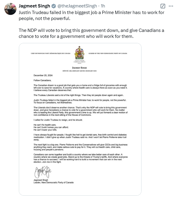 Ha! Now that Parliament is closed and there is no chance to introduce any motion for months—until after you get your pension. 

You did the same stunt in September, claiming you’d no longer prop Trudeau up. Then you went back on your word and voted 8 times AGAINST AN ELECTION &amp;