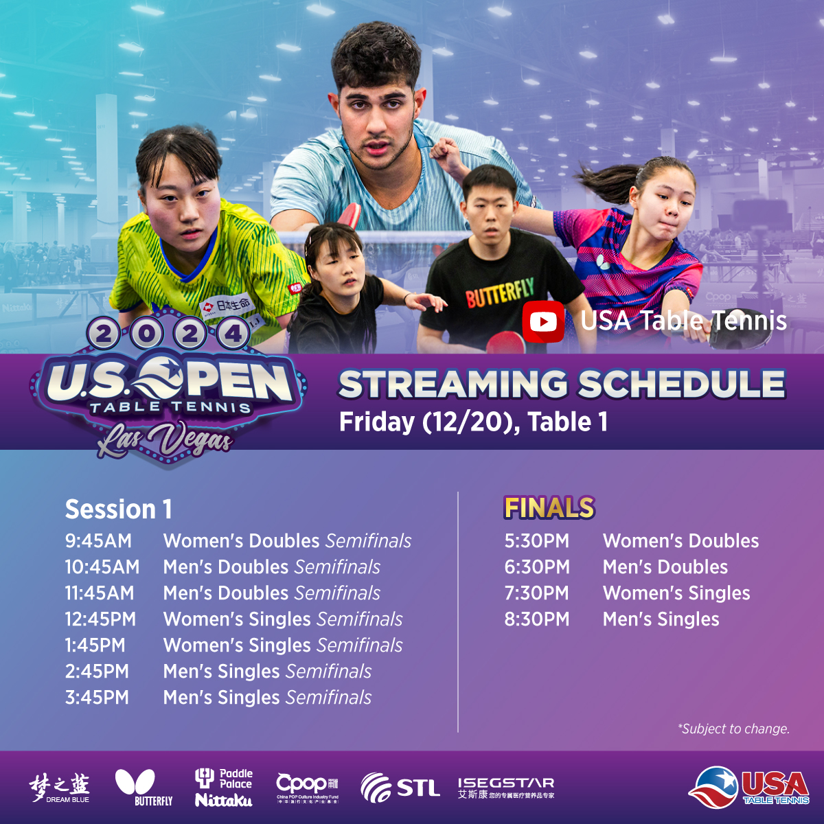 usatabletennis's tweet photo. It's Semifinals time! The stakes are high as top players vie for the 2024 US Open titles in Las Vegas.
🎥 Watch live 👉 https://t.co/1dXJkhIdTd
🎟 Tickets 👉 https://t.co/XZ5sOdr64s
📸 Photos 👉 https://t.co/p1AV6LVaKG
#USOpen2024 #TableTennis #USATT https://t.co/wuonRlz09R