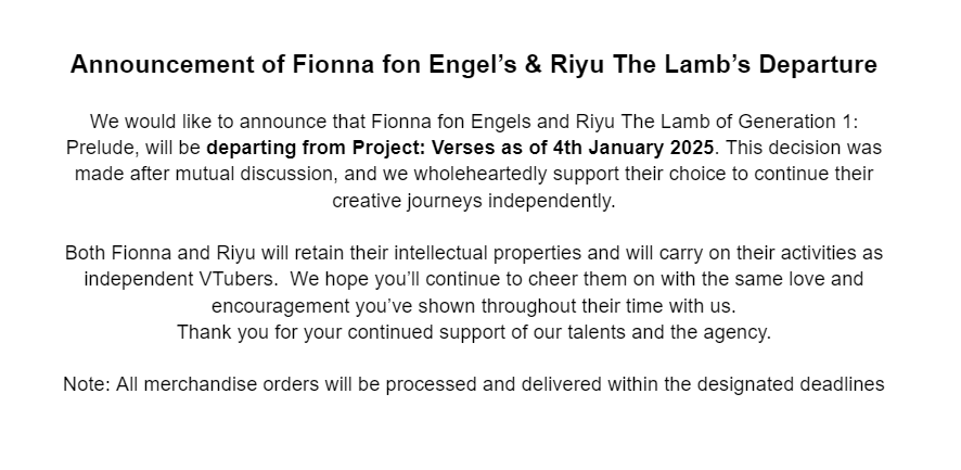Project_Verses's tweet image. 【Official Announcement regarding Fionna fon Engel's &amp;amp; Riyu The Lamb's Departure from Project: Verses】