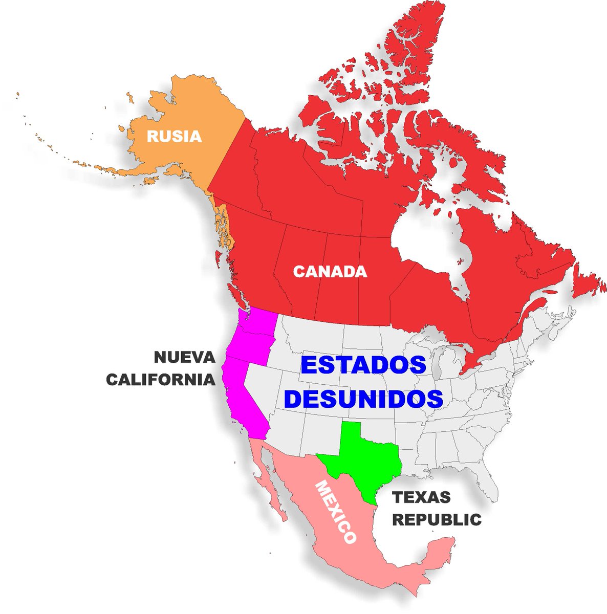 M4laNot4's tweet photo. NUEVOS PAISES en Norteamerica después de la guerra.

#Rusia #NuevaCalifornia #EstadosDesunidos #TexasRepublic #Canada #México #Putin #Trump #Biden https://t.co/Fk6Vf5lvNE