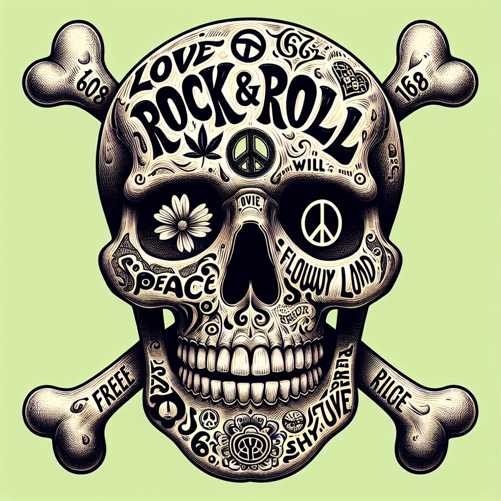 The_Awakening81's tweet photo. Createt with https://t.co/FQ7BqgWgTm Discover the future of blockchain with @NEARProtocol and @BitteProtocol.

Experience ultra-fast, secure, and personalized transactions.

#BitteAI #NEAR #BTC #ETH #FutureOfCrypto #memecoin #rocknroll  #shitcoin #Skullgirls 

Prompt:A retro/vintage illustration of a skull and crossbones design incorporating elements of hippie culture and rock music. The skull has the words "ROCK & ROLL" across the forehead, peace symbols in the eye sockets, and messages of "LOVE", "PEACE", "FLOWER POWER", and "HIPPY LAND" inside tattoo-like designs. There's a marijuana leaf for the nose, the number "67" on the chin, and phrases like "FREE", "WILL", and "SUMMER OF LOVE" surrounding the design. The design is in the style of the 60s-70s, with bright and contrasting colors, bold black outlines, and a psychedelic vibe.